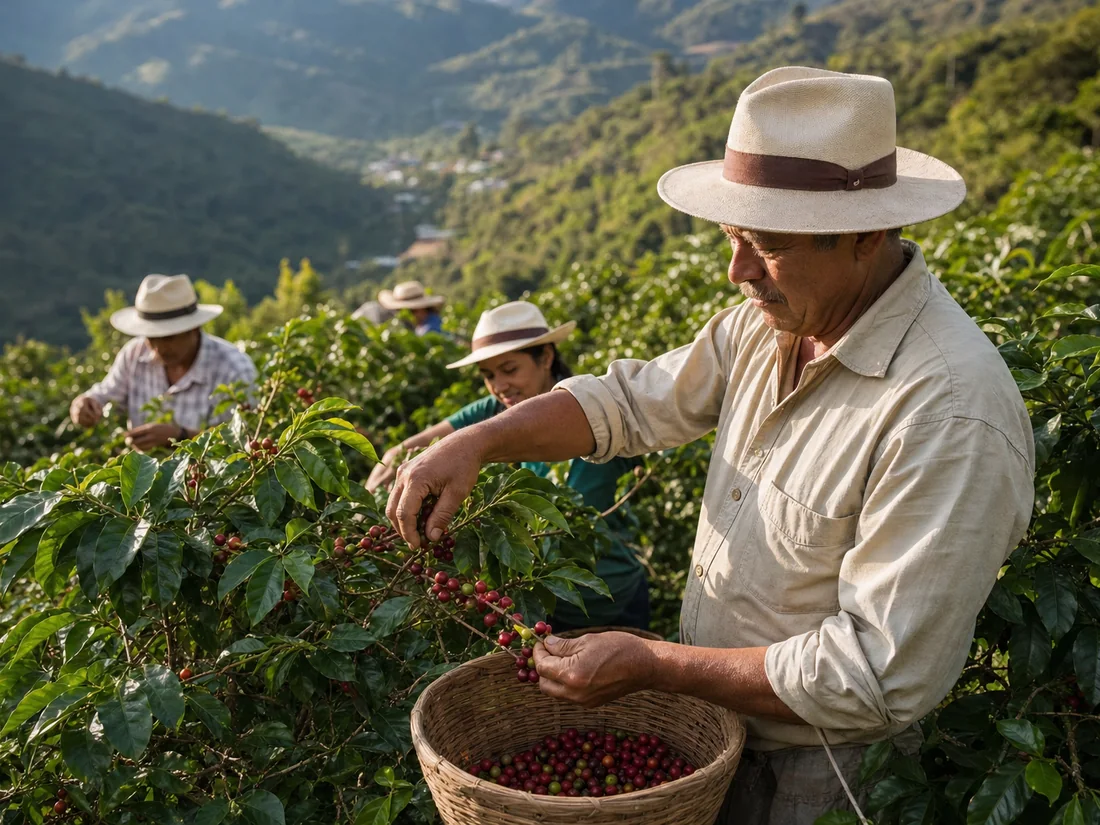 Colombian coffee growers hand-picking ripe cherries on a hillside farm