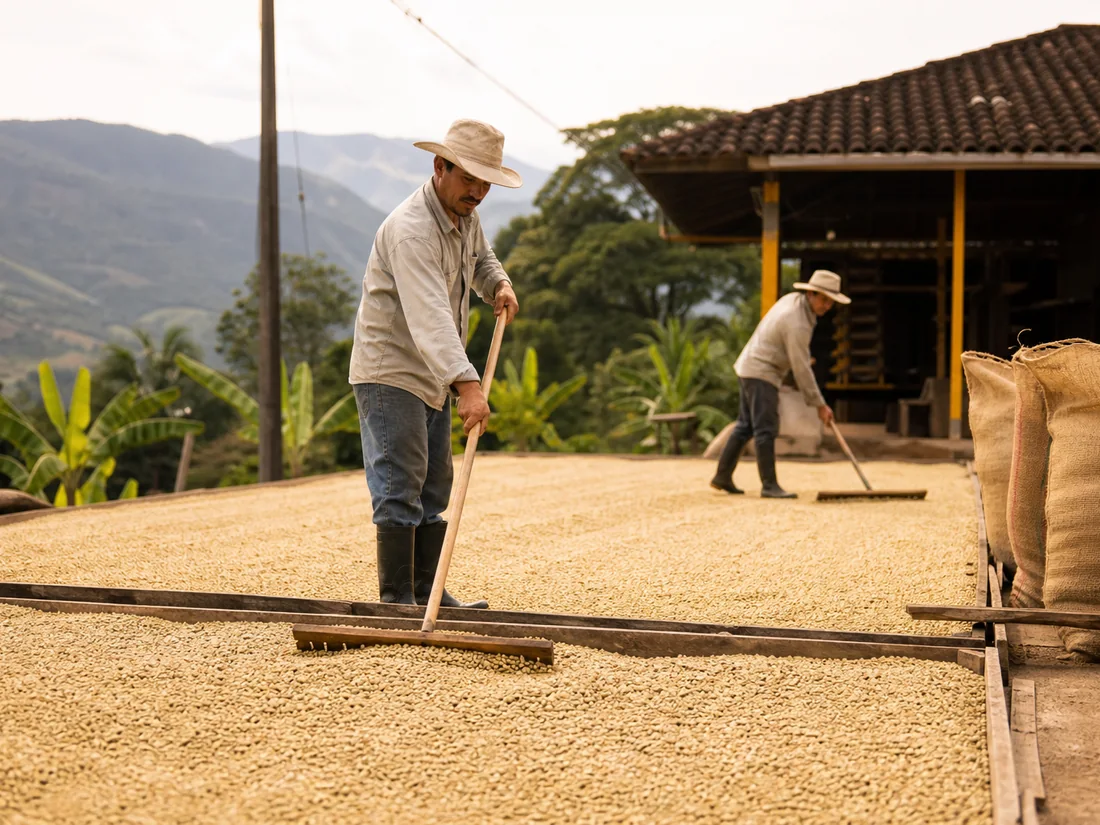 Coffee parchment drying in the sun at a Colombian mill