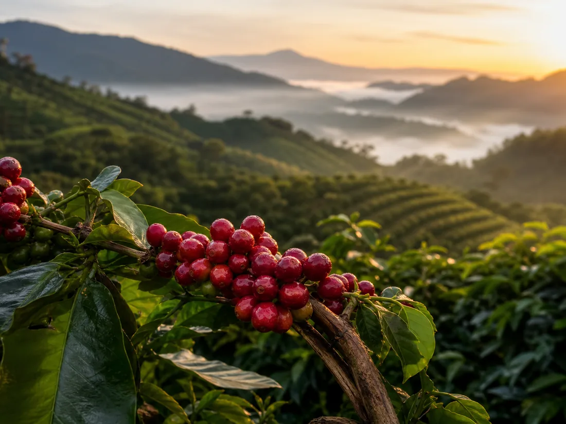 Terraced single-origin Colombian coffee farms in the mountains